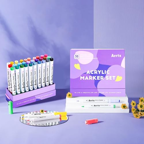 Image of Arrtx 30 Colored Acrylic Pens Extra Brush Tip, Water Based Ink Markers for Painting Rocks, Glass, Easter Eggs, Wood and Fabrics, Non-Toxic, Odor Free