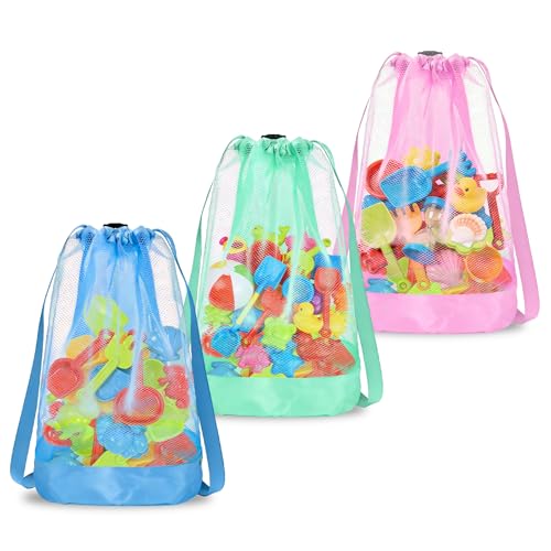 Saco para brinquedos de praia, 3 peças saco de malha brinquedos de praia, saco de brinquedos dobrável, saco de praia de malha com cordão, para férias em família, viagens na praia, brinquedos (A)