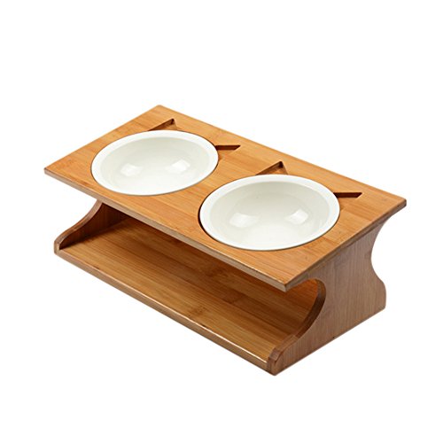 lennonsi Mesa de jantar para animais de estimação de bambu de cerâmica com tigelas duplas para comedouro de comida para animais de estimação