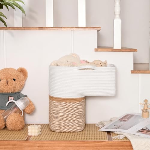 Image of Woven Stair Basket, Stair Baskets for Wooden Stairs, Carpeted Stairs Storage Basket with Handles, Staircase Baskets for Toys, Books, Yellow, 15 inch L x 10 inch W x 15 inch H