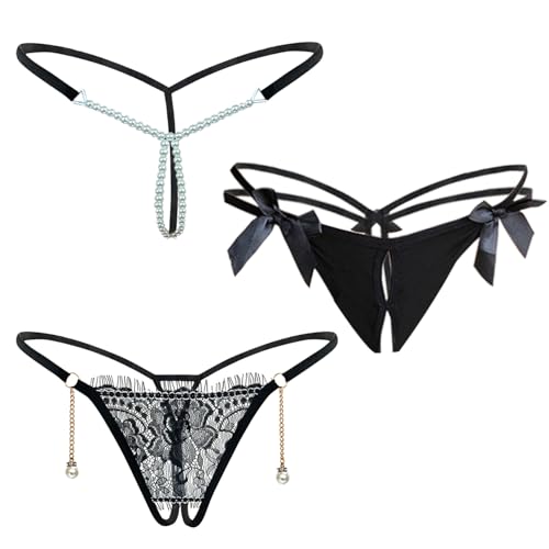 NLAND Perizoma Spago Lingerie da Donna G-String in 3 Pezzi Trasparente Tanga con Perline Mutandine Fascino per Donne Lingerie Elastico Perizoma Thong，A