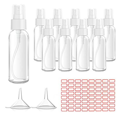10Pack 2oz Plastic Empty Spray Bottle, Mostof Fine Mist Small Clear Travel Plastic Bottles Container with Funnels Labels