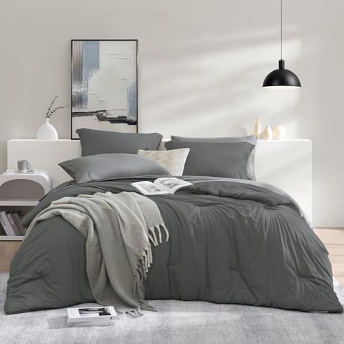 Image of Queen Comforter Set-7 Pieces Soft Prewashed Bed in a Bag Queen Bedding Sets | All Season Comforter with Sheets, Pillow Shams & Pillowcases, Grey
