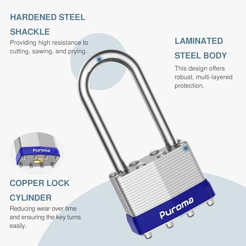 Puroma Lock 2 Pack Padlocks, 2” Long Shackle Heavy-Duty Locks with 4 Keys, 40mm Hardened Steel Keyed Alike Padlocks for Sheds, Gates, Fences, Toolbox, Outdoor and Indoor Use（Silver） by Puroma - Image 3