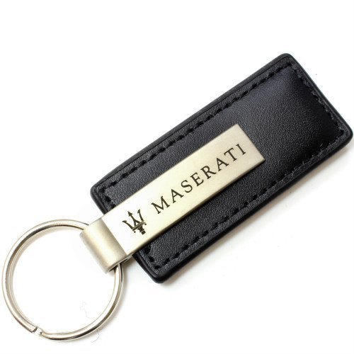 Maserati Genuine Black Leather Rectangular Silver Logo Key Chain Fob Ring