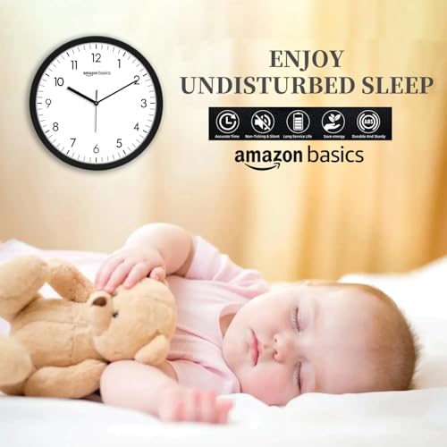 Image of Amazon Basics Plastic 12-Inch Wall Clock | Analog Operation | Durable Polypropylene Construction | Silent Precision | Battery-Powered | 1-Year Warranty (Black)
