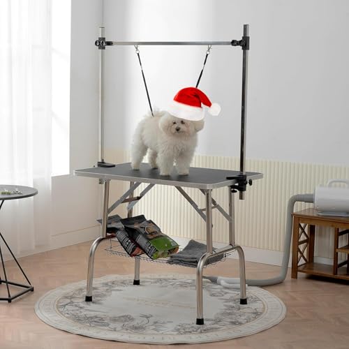 EPIKOIB Pet Dog Grooming Table, Foldable Stainless Steel Pet Drying Grooming Table Up to 330lbs, Professional Bathing Desk for Dogs at Home with Adjustable Overhead Arms, Noose, Mesh Tray, 36''/Black