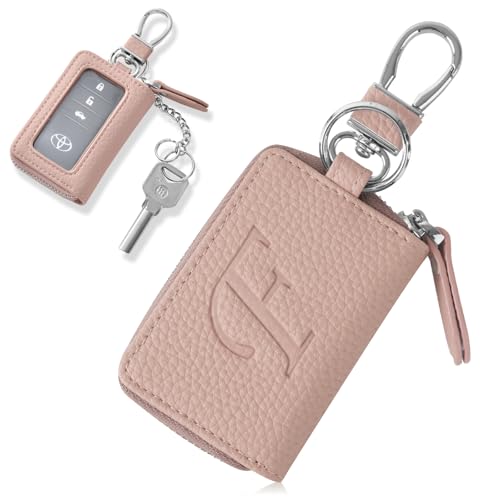 [VEISEN] スマートキーケース レディース メンズ イニシャル型押し クリア窓 キーホルダー マイクロファイバーレザー 車 カバー レディース 車キーケース 1つ内側ポケット ファション シンプル（Fアプリコットピンク）（Amazon）