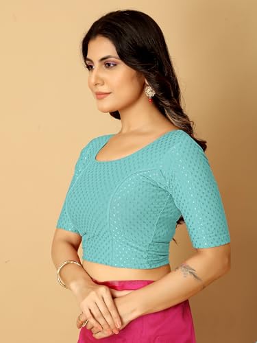 Image of Amazon Brand - Anarva Round Neck Dobby Cotton Lycra Stretchable Elbow Half Sleeve Readymade Saree Blouse for Women Stylish