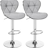 Yaheetech Bar Stools Set of 2, PU Leather Swivel Adjustable Barstools with Shell Back, Bar Chairs with Foma Padded for Home, Kitchen, Light Grey