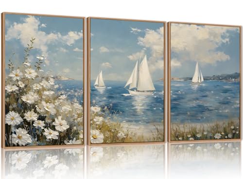 FWIEXA Coastal Wildflower Canvas Wall Art Framed, Ocean Sailboats Pictures Wall Decor, Beach Flower Seascape Painting, Blue Sky 3 Pieces 24x36In Artwork for Living Room, Bedroom, Bathroom, Rustic Farmhouse