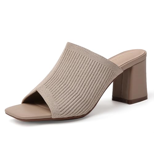 Image of Tilocow Knit Heeled Sandals for Women Square Open Toe Heeled Mules Chunky Block Low Heel Slip On Slides