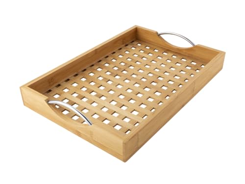 Plateau de service rectangulaire en bambou avec poignées - Grand (43 x 29 x 5 cm) - Plateau de cuisine pour petit-déjeuner, servir, ranger et décorer