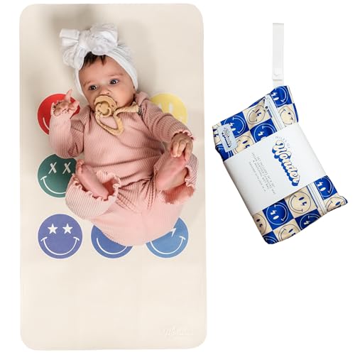 Image of Miles of Wonder Portable Changing Mat with Reusable Waterproof Wet Bag,(16 x 30 Inches) Baby Changing Mat, Non-Toxic Changing Pad Portable Folds and Wipes Clean, Baby Changing Pad Travel (Smiley Face)