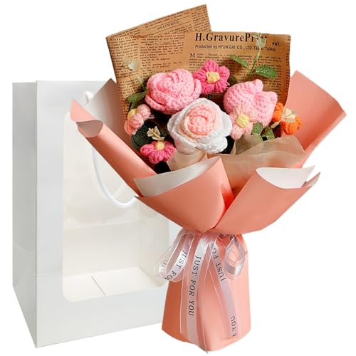 DecoRoom Crochet Flowers Bouquet, Flowers Delivery Prime Hand Knitted Flower Bouquet, Flower Gifts for Women, Mother's Day, Birthdays, Anniversary, Weddings - Pink Tulip