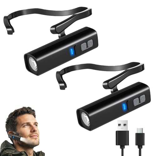 Lightweight LED Rechargeable Ear Worn Headlamp with Motion-Sensor, Ear-Hook High Bright Hands-Free Headlight, Outdoor Adjustable Clip-on Hat Light for Running, Camping, Fishing (2 Pack)