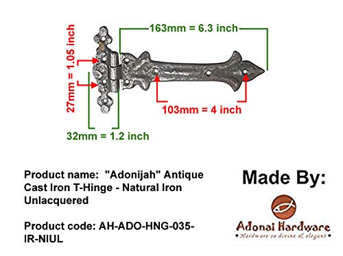 Image of Adonai Hardware Adonijah Antique Cast Iron Strap T Hinge (7.9 inch x 4 Pack, Natural Iron Unlacquered) for Barn Doors, Gates, Kitchen Cabinets, Sheds, Wooden Box, Furniture, Cedar Chest and Trunks