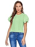 SheIn Women's Summer Ruffle Short Sleeve Lace Chiffon Blouse Workwear Top Shirts Mint Green Large