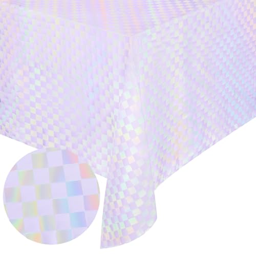 xo, Fetti Purple + Iridescent Checkered Washable Tablecloth - 9 ft. | Unicorn Birthday Party Decorations, Pink Girl Table Cloth, Y2K ERAS Decor, Pastel Table Cover