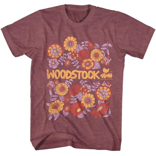 Woodstock Flowers & Logo Adult Maroon Heather Short Sleeve T Shirt 60s Vintage Style Rock Graphic Tees