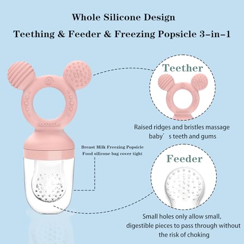 Image of Baby Fruit Feeder, Frozen Teething Toys, Teether Pacifier with 3 Extra Teats, Infant Eating Essentials, BPA Free Baby Feeding Supplies (Pink)