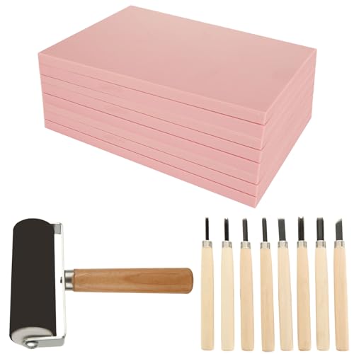 DIRBUY 10 Pack Rubber Stamp Making Kit - Block Printing Kit,Linoleum Carving Tools with 8 Type Blades, 8 Pcs Pink Rubber Carving Block and Rubber Brayer Roller