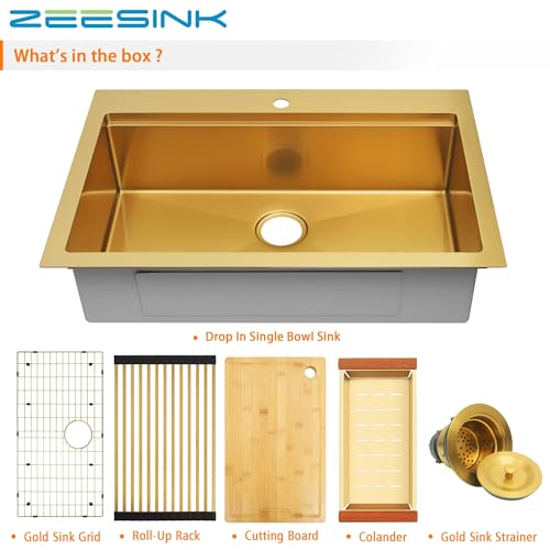 Image of 33 inch X 22 inch Drop In Gold Kitchen Sink,Single Bowl Top Mount Kitchen Sink,16 Gauge Stainless Steel Workstation Sinks (Gold, 33 X 22 inch)