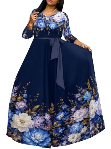 Image of Plus Size Maxi Dress for Women V Neck 3 /4 Sleeve Wrap Dress