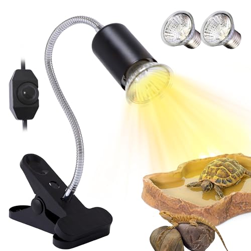 Yiukou Lampe Chauffante Tortue,Température réglable,avec 2 Ampoule Halogènes UVA UVB de 50W, Lampe Pour Reptiles et Amphibiens, Lumière Jaune