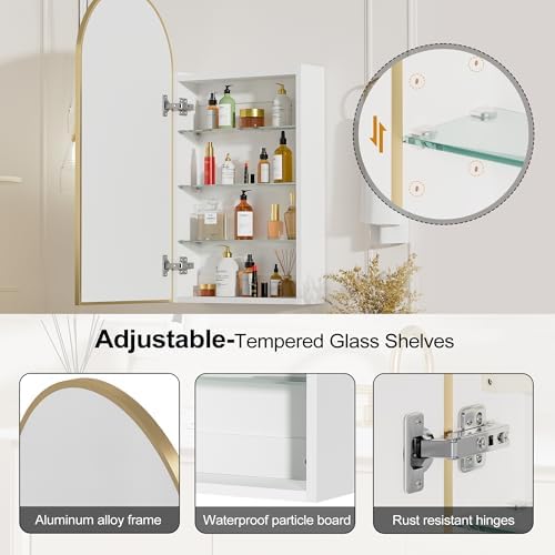 – Mepplzian Arch Bathroom Mirror Cabinet with Storage,Metal Framed Bathroom Cabinets with Mirror,Brushed Gold Mirrored Cabinets,Arched Mirror Cabinet Wall Mounted,40 x 80 cm