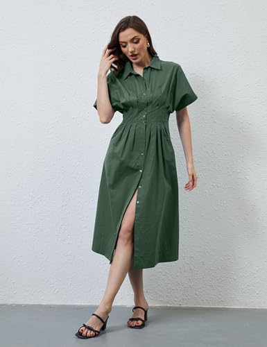 Image of Women Striped Button Down Shirt Maxi Dresses Summer Pleated Short Sleeve Collar Casual Corset Long Dress