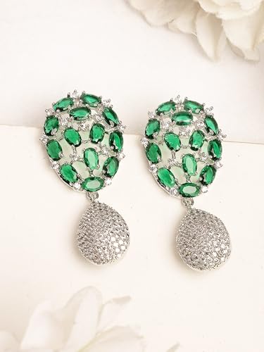Image of Karatcart Silver Tone Green American Diamond Drop Earrings for Women