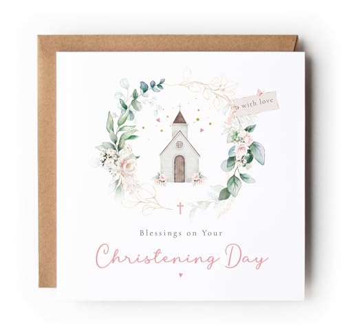 Christening Day Card for Girl Floral Wreath Church Design Blessings On Your Christening