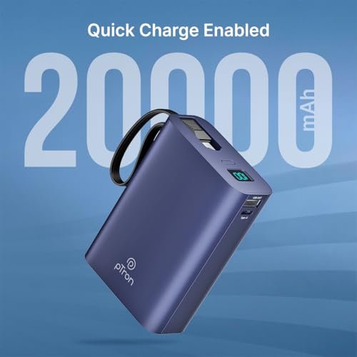 Image of pTron Dynamo Ultima 20000mAh Pocket Size Nano Power Bank, 22.5W Superfast Charging, 20W Type-C /PD Fast Charging, Built-in Type C Cable, Also Supports VOOC /Wrap /Dash /QC3.0 /PPS Charge Protocols (Blue)