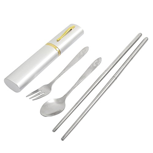 TOOGOO(R) Travel Silver Tone Fork Spoon Detachable Chopsticks Case