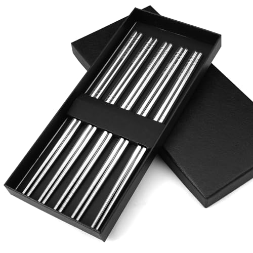 5 Pares Palillos de Acero Inoxidable, 22.5 Cm Palillos de Metal Reutilizables, Ligeros y Fáciles de Usar, Palillos de Metal Aptos Para Lavavajillas, Palillos Chinos Japoneses Set de Regalo (Plateado)