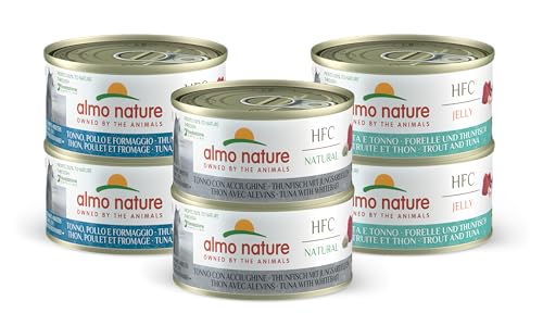 almo nature Multi Pack – Sabores de atún Surtidos (2 x atún, Pollo y Queso; 2 x atún y anchoas, 2 x Trucha y atún) Comida húmeda para Gatos Adultos 100% Natural. Paquete de 6 latas x 70 g