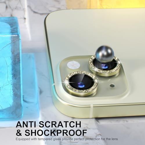 Image of CLITZ Compatible for iPhone 15 / iPhone 15 Plus Camera Lens Protector Bling, 9H Tempered Glass Camera Cover Screen Protector,Metal Ring Decoration Accessories (Glitter-Yellow)