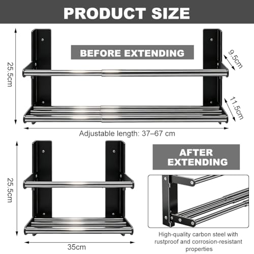 Schuhregal Wandmontage Ausziehbar 37-67cm, Schuhhalter Metall Schwarz, Mini Schuhregal Schmales 2 Ebenen Schuhorganizer für Tür, Korridor, Badezimmer, Wohnwagen – Platzsparend für 6 Paar Schuhe