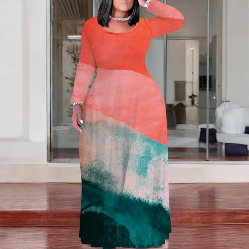 Image of PinkPatty Plus Size Maxi Dress for Curvy Women Crew Neck Long Sleeves Casual Dress Vacation Sundresses with Pockets