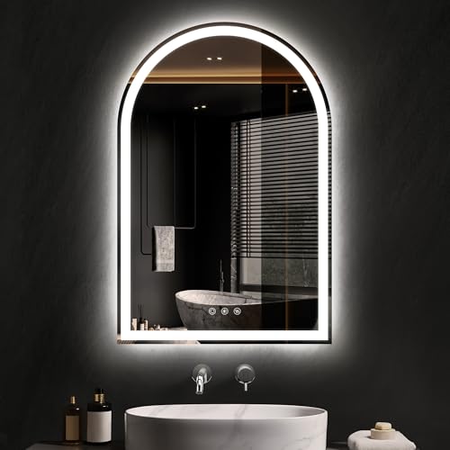 OUMUSU Arched LED Mirror for Bathroom 24"x36"- Frameless Lighted Bathroom Mirror with Lights, Fogless, Dimmable, 3 Color Changing, Shatterproof, Touch Sensor