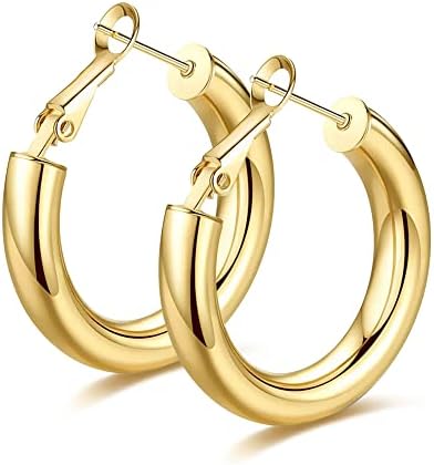 wowshow Gold Hoop Earrings for Women Chunky Hoops 14K Gold Plated Thick Hollow Tube Lightweight Earrings for Mother Birthday Gifts 20/25/30/40/50MM