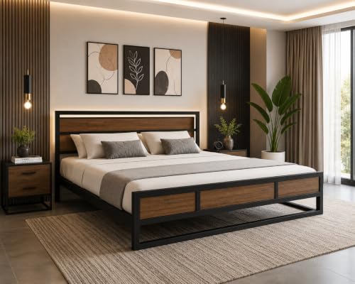 Image of King Size Metal Bed Frame with Wood Finish Headboard & Footboard | Heavy Duty Steel Platform Bed | Black Powder Coated Frame | Noise Free | No Box Spring Required | Easy Assembly
