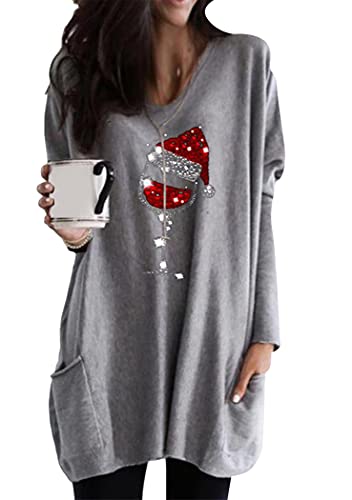 OMZIN Frauen Casual Langarm Weihnachten Sweatshirts Rotweinglas...