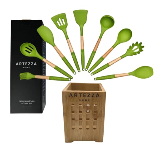 Comparison: Best Tools Of The Trade Nonstick 4 Premium Silicone Kitchen Utensil Set –10-Piece Cooking Tools with Wooden Handles and Bamboo Holder, Nonstick Safe, Heat Resistant, BPA-Free, Gift for Home or Housewarming (Green Set -10pcs)