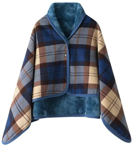 WINKEEY Femme Poncho Polaire Plaid Châle Polaire Cape Chaud d'hiver avec Boutons Couverture à Carreaux, Bleu Marron