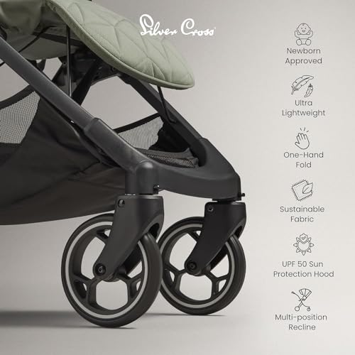 Image of Silver Cross Stroller - Clic Compact Pushchair, Travel-Friendly, Cabin Size, Foldable & Lightweight Stroller | 5 Point Safety Harness, Multi Recline Seat, Anti Crease Fabric | Newborn to 4yrs, Sage