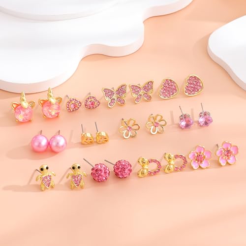 12/18 Pairs Hypoallergenic Stainless Steel Stud Earrings for Girls Women Cute Pearl Ball CZ Heart Butterfly Flower Love Knot Stud Earrings Set for Teen Girls2