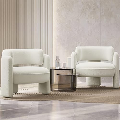 Image of BELLEZE Sherpa Boucle Chair Set of 2, Modern Barrel Accent Chair Comfy Round Upholstered Armchair Accent Side Chair for Living Room, Bedrooms, Corner - Quinton（White）