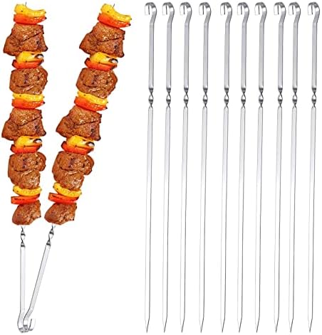 MojiDecor Grill Kabob Skewers, 10 Pcs 15 inch Barbecue Skewers, Flat Metal BBQ Kebab skewers for Veggies, Shrimp, Chicken and Pork